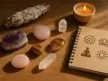Amuleto de piedras, incienso y vela. El significado de las piedras protectoras se revela en este rincón de paz.