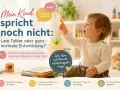 Kleines Kind zeigt neugierig nach oben. Text fragt: "Mein Kind spricht noch nicht: Late Talker oder normale Entwicklung?" Bietet Infos & Tipps für Eltern.