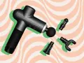 Black massage gun with interchangeable heads, hinting at the massage gun benefits study.
