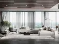 Soggiorno moderno con divano componibile, poltrone, tavolino e vista mare. L'arredamento evoca l'eleganza delle case stile americano, con linee pulite e materiali pregiati.