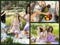 Un site de collage photo montrant trois amies profitant d'un pique-nique joyeux dans un champ verdoyant.