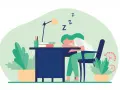 Ragazza con ADHD dorme sulla scrivania, nonostante la caffeina. Le "Z" fluttuano nell'aria, simbolo di stanchezza.