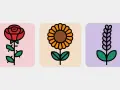 Tres flores estilizadas: una rosa roja, un girasol y una espiga morada. La rosa, símbolo de la flor del amor, se alza con elegancia.