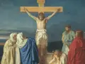 Scena ukrzyżowania Jezusa, nawiązująca do psalm 9. Wokół krzyża zgromadzone postacie, w tym Matka Boska i żołnierze.