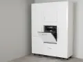 Armario blanco con lavavajillas integrado y puerta abierta. Las medidas del lavavajillas son estándar para encajar en este mueble.
