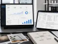 Laptop und Tablet zeigen SEO-Dashboards mit Diagrammen und Tabellen, die eine **faceted search** für Produkte und Keywords ermöglichen.
