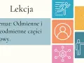 Lekcja o odmiennych i nieodmiennych częściach mowy. Grafiki symbolizują ruch, ludzi i liczby.