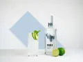 Ein Glas mit Eis, Limette und Minze steht neben einer Flasche Trojka Wodka. Perfekt für einen erfrischenden Wodka mit Wasser.