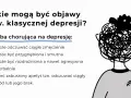 Ilustracja przedstawia postać z chaotyczną czarną głową i smutnymi oczami, symbolizującą depresję.