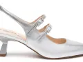 Eleganti scarpe sposa Nero Giardini argento, con cinturino e doppio cinturino con fibbia. Tacco geometrico.