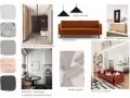 Inspirujący moodboard wnętrzarski: paleta kolorów, nowoczesna sofa, lampy, dywan i aranżacje.
