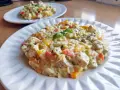 Pyszne risotto z kurczakiem, papryką i ziołami na białym talerzu. Drugie danie w tle.