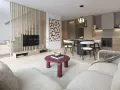 Nowoczesne wnętrze domu 70m2: salon z TV, jadalnia i kuchnia. Drewniane elementy, jasne kolory, minimalistyczny styl.