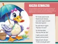 Kaczka dziwaczka w wierszu, z parasolką i koszykiem, cieszy się życiem.