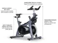 Diagram showing how to set up a spin bike, with labels for saddle height, seat fore/aft, handlebar reach, and handlebar height.