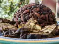 Un pan pepato a forma di cupola, ricoperto di mandorle e cacao, con fette tagliate che rivelano frutta secca e spezie.