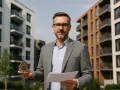 Makler hält Hausmodell und Dokumente vor Neubauten in Bonn. Infos zur Mietpreisbremse Bonn.