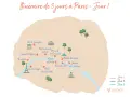 Carte illustrant un itinéraire de 3 jours à Paris, avec des icônes pour la Tour Eiffel, l'Arc de Triomphe, le Louvre, etc.