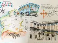 Un dessin de voyage en Galice, avec une carte, un bus "España" et le Parador de Santiago.