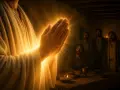 Jesus betet im Licht, seine Hände gefaltet, während Jünger in Johannes 17 Zeugen seiner Herrlichkeit werden.