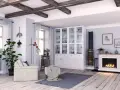 Gemütliches Wohnzimmer gestalten mit Kamin, Bücherregal und bequemer Couch. Holzbalken und Dielen schaffen rustikales Flair.