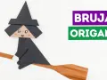 Bruja de origami volando en escoba, ideal para manualidades de Halloween con papel.