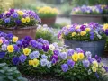 Bunte, winterharte Hornveilchen blühen in Töpfen und am Boden. Ein fröhlicher Anblick im Garten.
