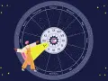 Osoba wskazuje na pierwszy dom astrologiczny w kole zodiaku, otoczonym gwiazdami.