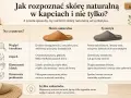 Tabela porównuje skórę naturalną i syntetyk, wyjaśniając, jak rozpoznać skórę ekologiczną co to jest, po wyglądzie, zapachu i dotyku.