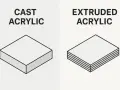 Comparison of extruded vs cast acrylic. Cast acrylic is a solid block, while extruded acrylic shows distinct layers.