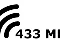 Svart symbol med tre vågformade linjer och texten "433 MHz".