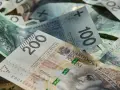 Złotówki, w tym banknot 200 zł, tworzą stos. Marzenia o wakacjach w 2026 roku? Trzynastka pomoże!