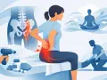 Douleur sciatique fessier que faire ? Illustration montrant une femme souffrant de sciatique, avec des traitements comme la physiothérapie, la méditation et des médicaments.