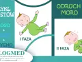Ilustracja przedstawia dwie fazy odruchu Moro u niemowląt: pierwszą, gdzie dziecko jest wyciągnięte, i drugą, gdzie płacze.