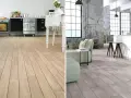 Dos ambientes modernos: cocina con tarima de madera clara y salón con tarima gris, ambas con bisel.
