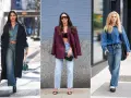 Trzy kobiety prezentują stylowe stylizacje z jeansami: w płaszczu i jeansowej kurtce, w marynarce i z topem, oraz w jeansowej koszuli.