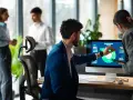 Uomini e donne discutono di grafici su un monitor, esplorando nuove opportunità di lavori del futuro senza laurea.