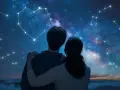 Para zakochanych patrzy na nocne niebo, gdzie gwiazdy tworzą konstelacje Ryb i Koziorożca, a także serce.