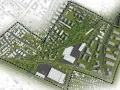 Wizualizacja urbanistyczna z zaznaczonym obszarem zabudowy i rozległym pasem zieleni, tworzącym serce projektu.