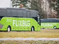 Zielony autobus Flixbus z napisem "Akademia Kierowcy" stoi na trawie. Czyżby kolejne flixbus opóźnienia?