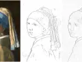 Retrato con líneas de la joven de la perla, mostrando la obra original y dos interpretaciones en boceto.