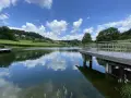 Idyllischer badesee waldhausen mit Steg und Spiegelung der Wolken im ruhigen Wasser.