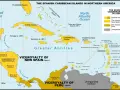 Mapa pokazuje, gdzie leżą Karaiby w 1600 roku, z zaznaczonymi terytoriami Hiszpanii, wicekrólestwami Nowej Hiszpanii i Peru.