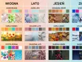 Paleta barw dla typów urody: wiosna, lato, jesień, zima. Zimne kolory dominują w typach lato i zima, od pastelowych po głębokie odcienie.
