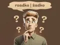 Zamyślony mężczyzna z pytajnikami wokół głowy zastanawia się, czy coś jest rzadko, czy żaden.