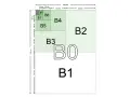 Diagram visar B-seriens pappersstorlekar, från B0 till B8, med mått i millimeter. B5 papper är en del av denna standard.