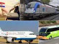 Różne środki transportu na wakacje do Chorwacji: ręka z flagą, pociąg, samolot Croatia Airlines i zielony autokar Flixbus.