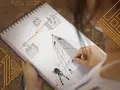 Une main dessine une **peinture perspective** dans un carnet, montrant des cubes avec des visages et des personnages dans un exercice de style.