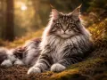 Majestatyczny kot rasy Maine Coon, z bujną grzywą i puszystym ogonem, leży w jesiennym lesie. Jego charakterystyka to łagodność i przyjazność.