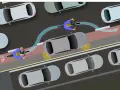 Radfahrer nutzen den Radweg, während Autos im **Parken in zweiter Reihe** den Verkehr behindern.